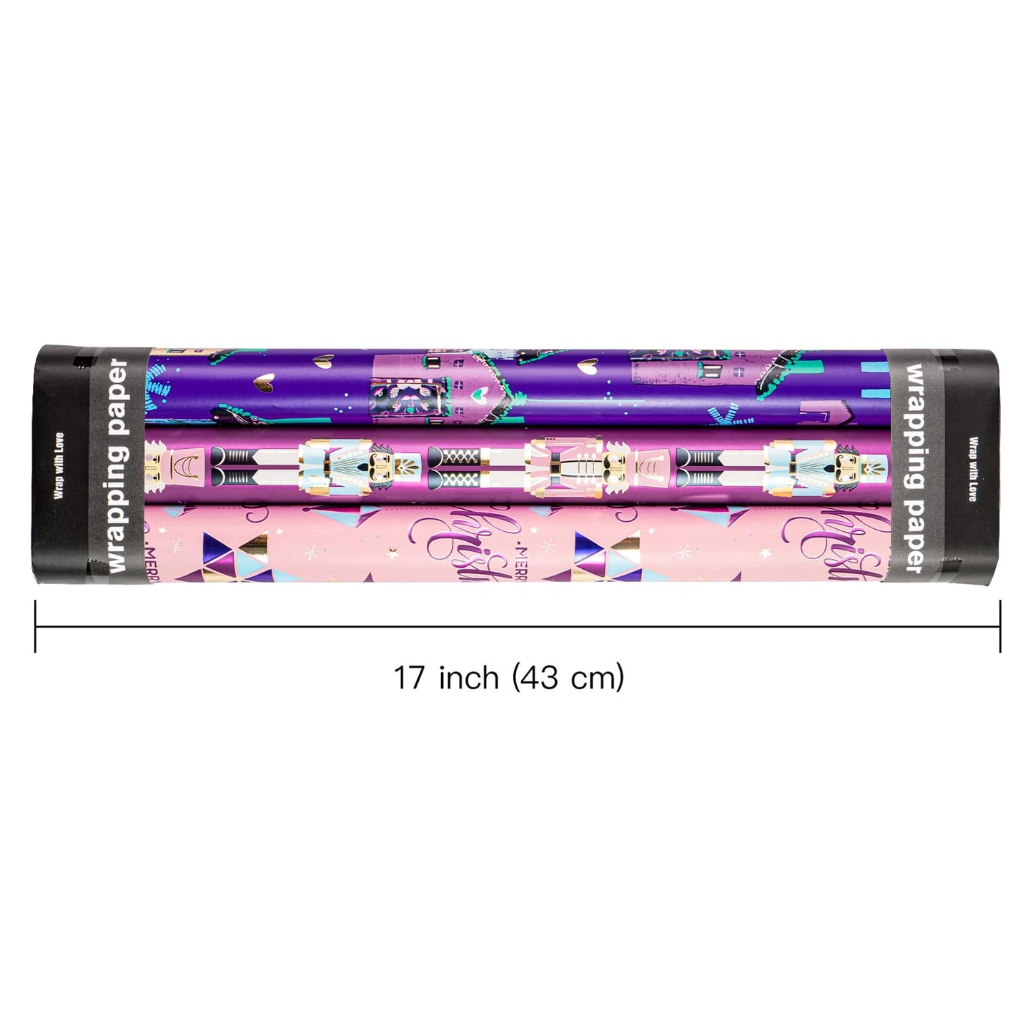 Christmas Wrapping Paper Roll - Mini Roll - 3 Rolls - 17 Inch X 120 Inch Per Roll - Pink and Purple Nutcracker, House Holiday Collection with Metallic Foil Shine