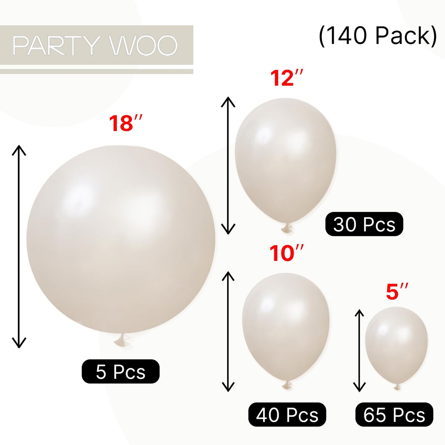 PartyWoo Pearl Beige Balloons 140pcs Different Sizes Pack of 18 12 10 5 Inch Off White Sand Cream Ivory Balloon Arch Kit Garland for Wedding Bridal Baby Shower Birthday Party Decorations White-Z41