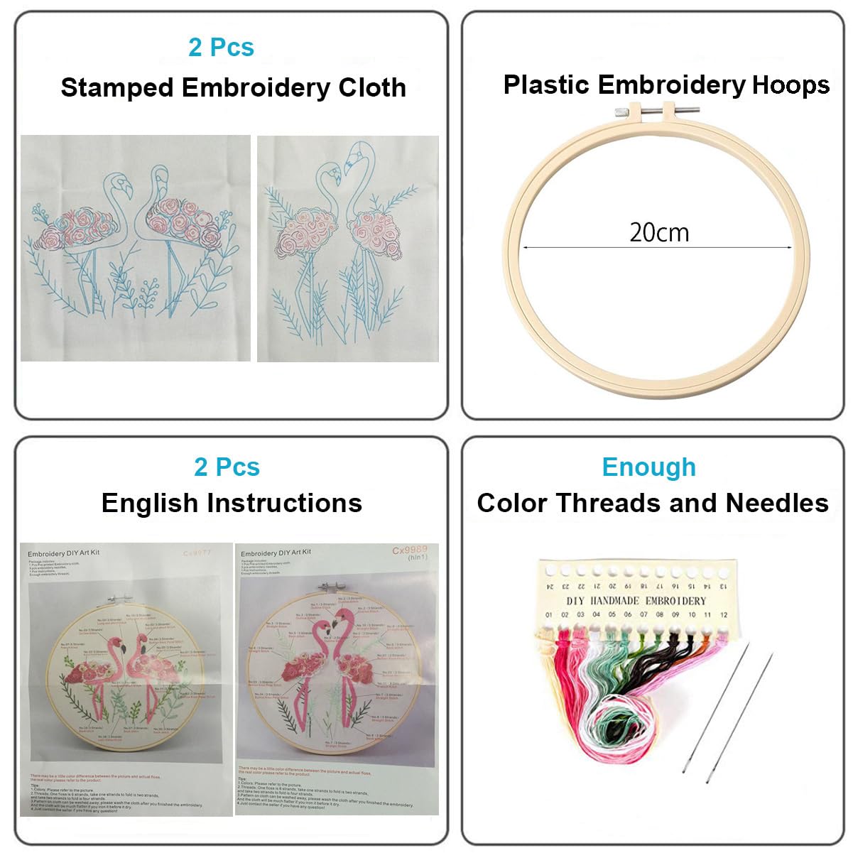 Flamingo Embroidery Kit for Beginners with Pattern Floral Stamped Full Range of Embroidery Starter Kit for Adults Cross Stitch Kit with Embroidery Cloth, Hoops, Color Thread and Tools,Set of 2