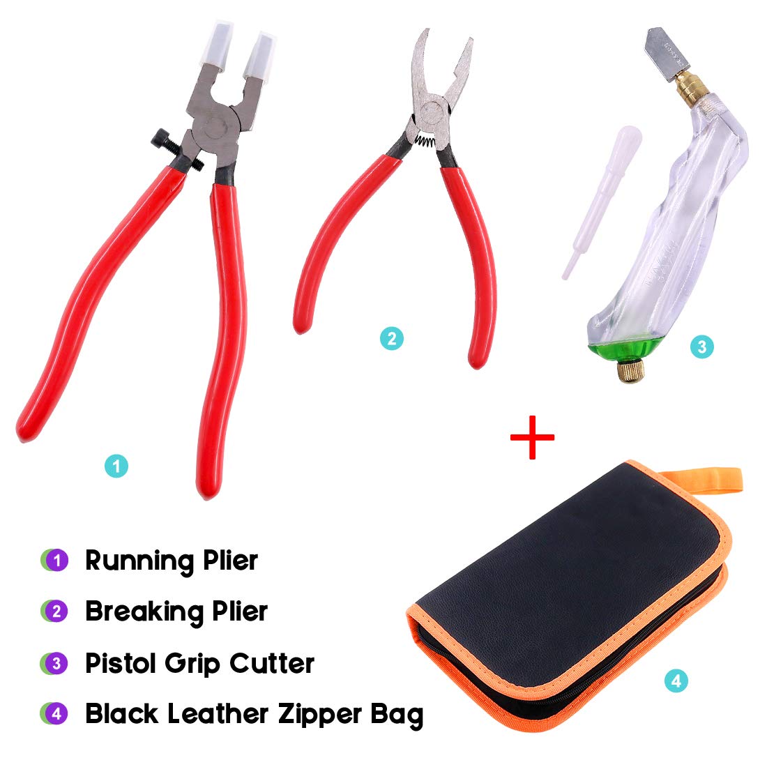 3Pcs Heavy Duty Glass Running Pliers, Breaker Grozer Pliers and Grip Oil Feed Glass Cutter Kit, Professional Stained Glass Cutting Tool with Extra Rubber Tips Perfect for Stained Glass Work