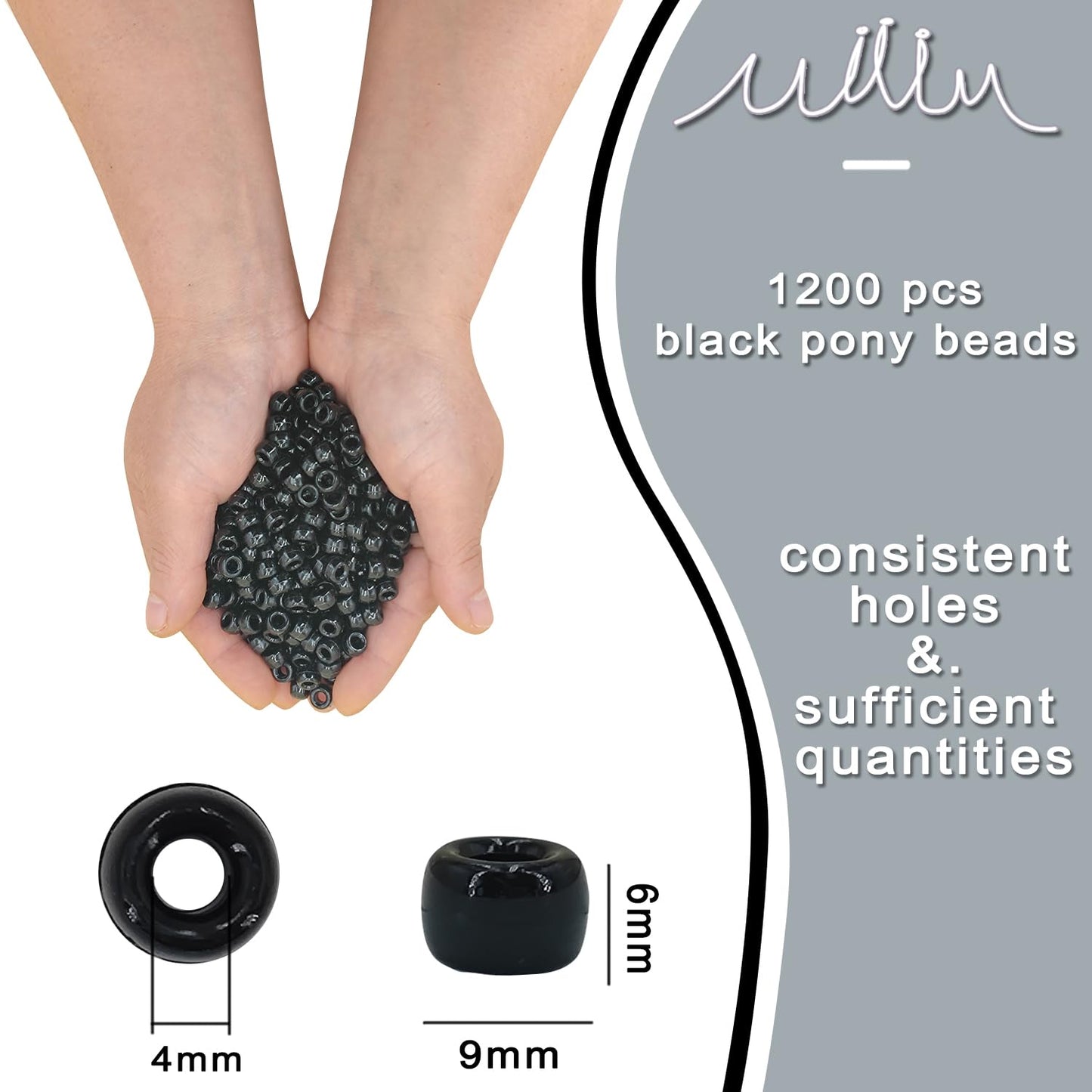 MIIIM 1200PCS 6x9mm Black Pony Beads Bulk, Kandi Beads for Bracelets Making Kit, Hair Braids Crafts for Jewelry Making (Black)