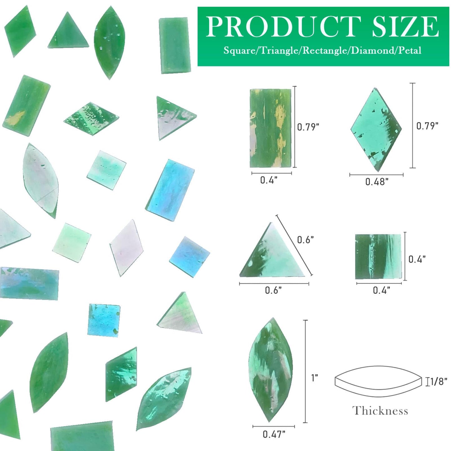 LITMIND Iridescent LightGreen Stained Glass Mosaic Tiles for Crafts - 240 Pieces, 5 Shapes Mixed (Rectangle, Triangle, Rhombus, Square, Leaf) - Ideal for Mosaic Making Projects and Beginners