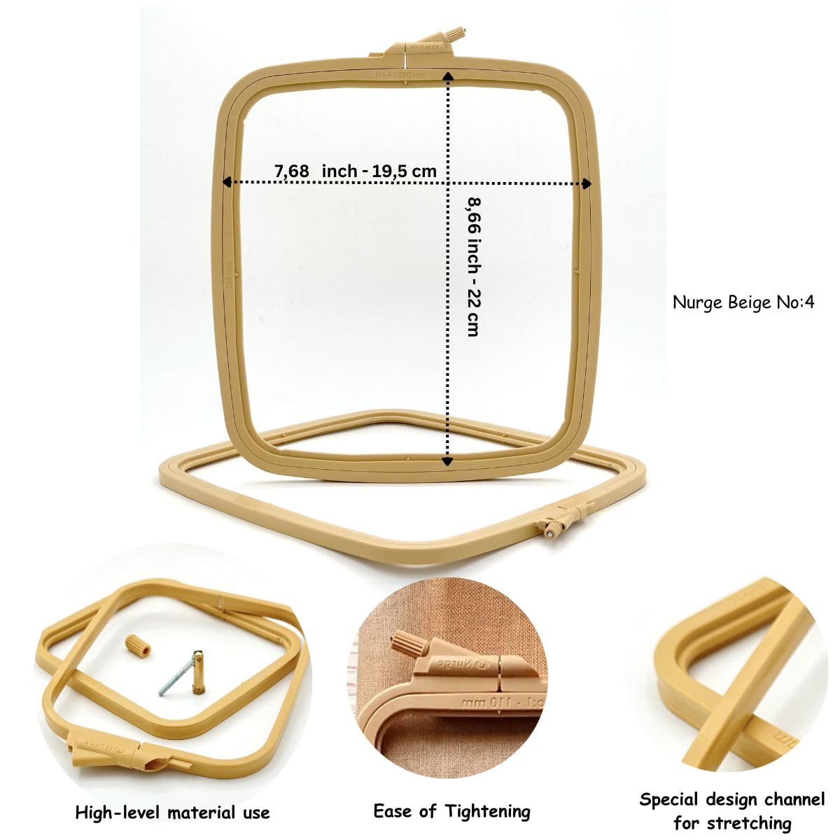 Beige Plastic Square Embroidery Hoops, Cross Stich Hoop, Punch Needle Hoop (4 Pcs Set)