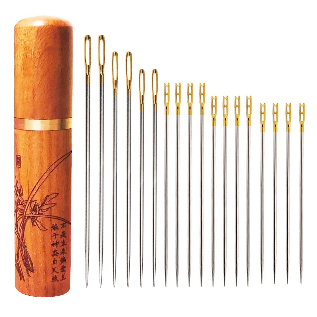 Self-Threading Needles, Sewing Needles, Needle Threader with Needle case Carving Pattern, Threaded from The top, Golden, 18 Pack