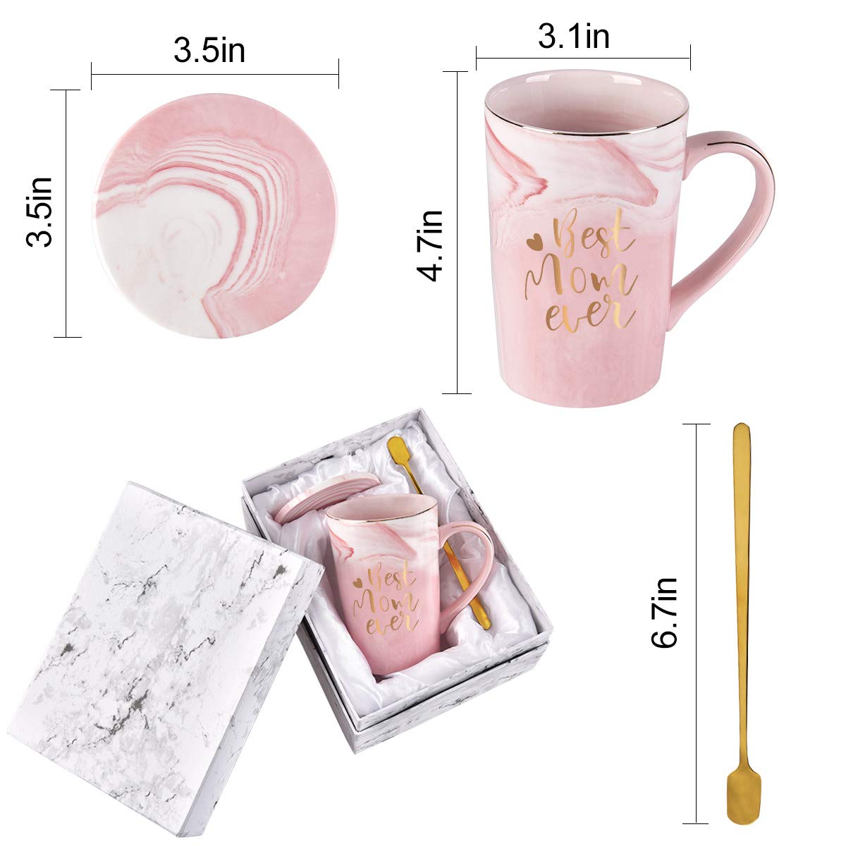 YHRJWN Mothers Day Gifts for Mom, Best Mom Ever Coffee Mug, Mom Mothers Day Gifts from Daughter Son, Moms Gift Idea for Birthday, Valentines Day, Present for Moms Mothers, 14 Oz Pink