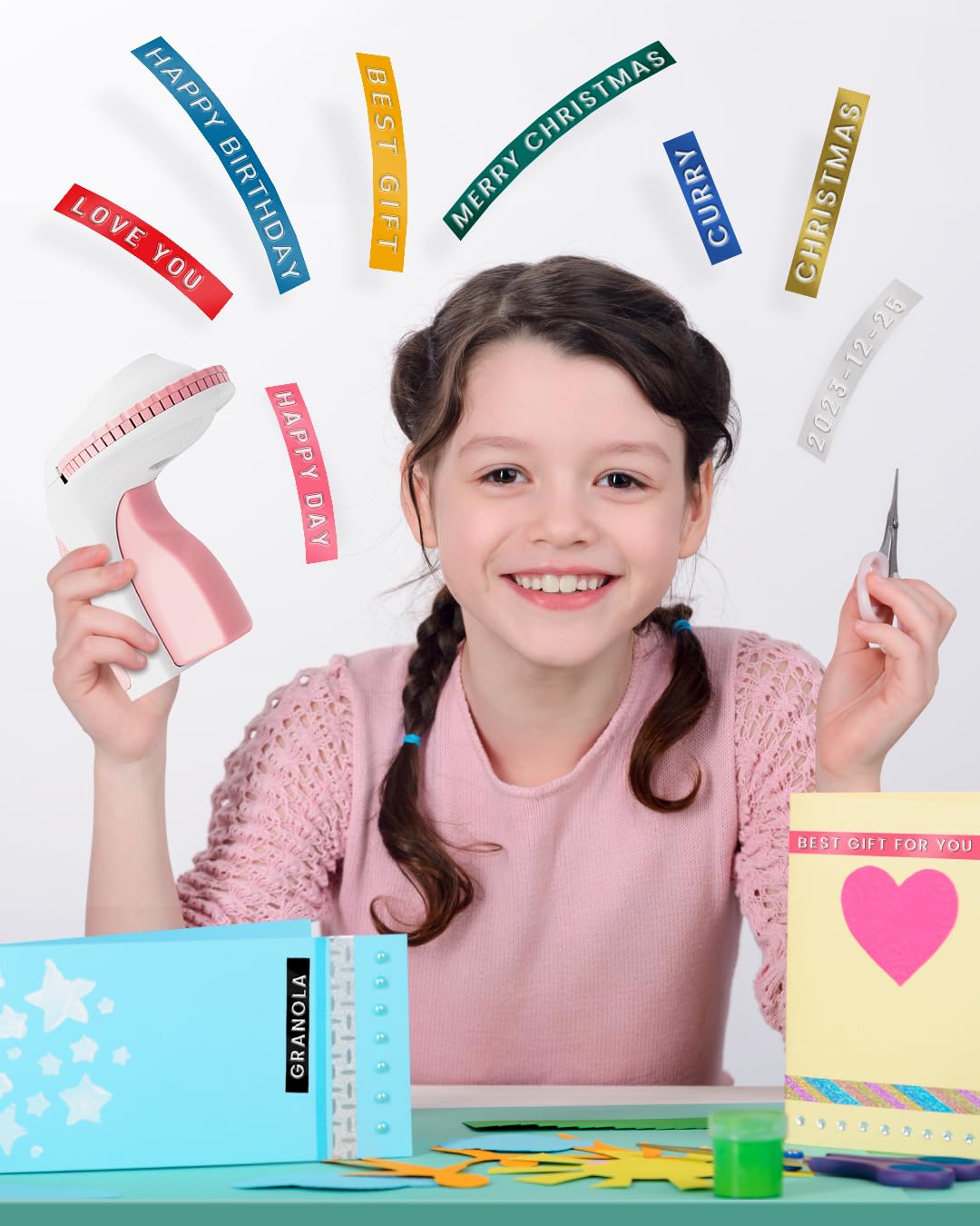 Phomemo E975 Embossing Label Maker Machine with 6 Tapes, 3D Vintage Embossed Label Maker Writer, Handheld Old School Label Maker with 6 Rolls Embossing Tapes for Office Home Organization and DIY -Pink