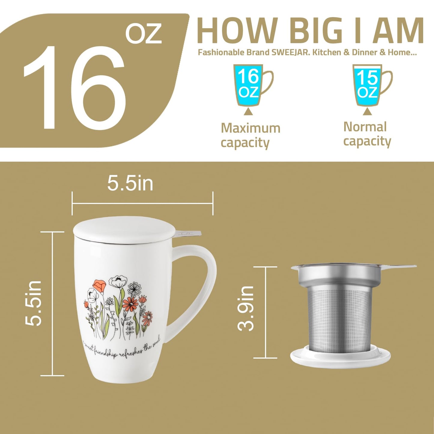 Porcelain Tea Infuser Mug with Lid, 16 oz Teacup with Strainers for Loose Leaf Tea, Microwave and Dishwasher Safe Coffee Mug(Onyx Wing)