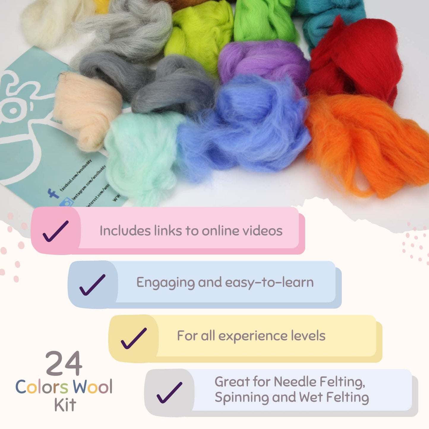 Felting Wool Kit - 24 Vibrant Merino Wool Colors for Needle Felting, Wet Felting, and Crafts
