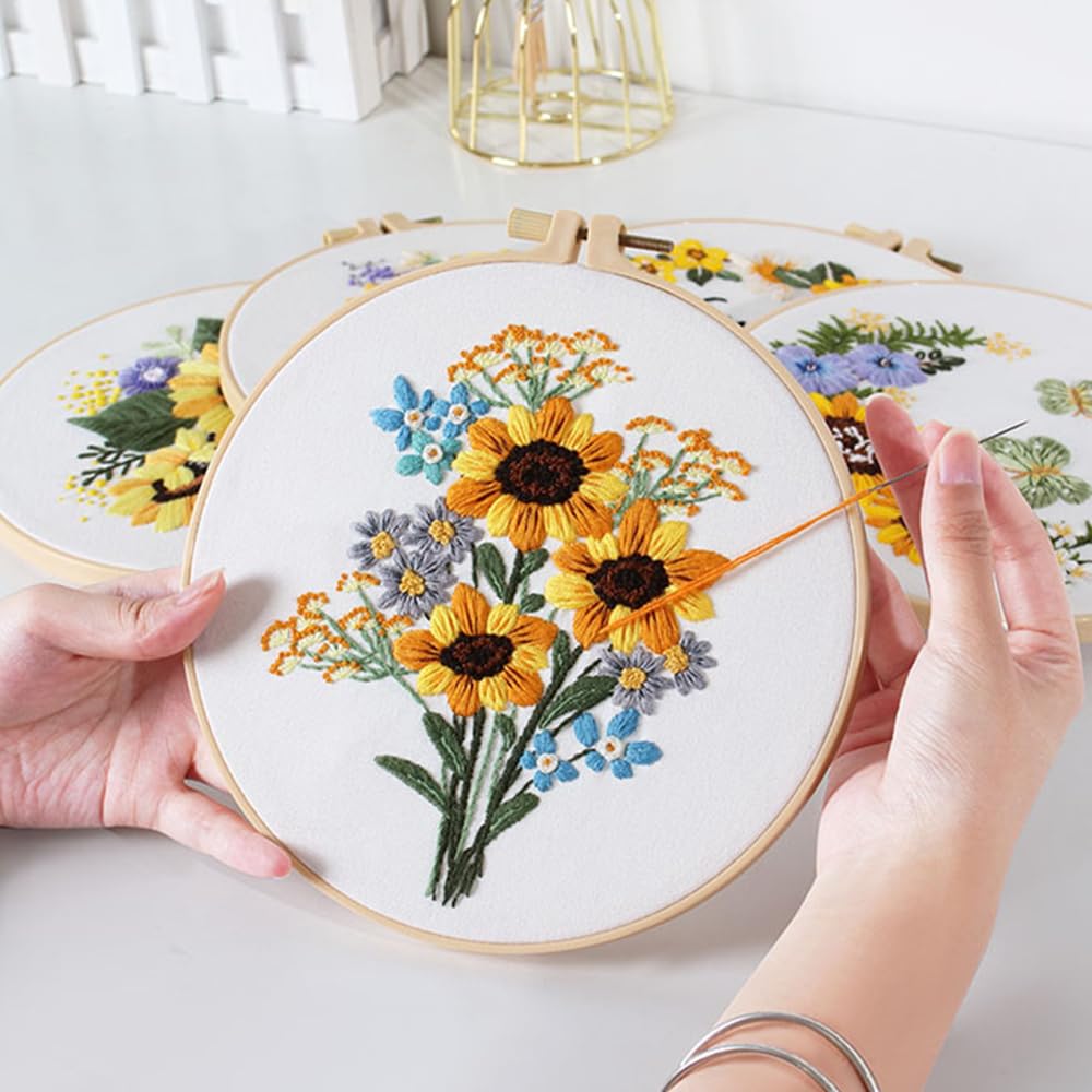 5 Pack embroidery kit for beginners Adults DIY Starter Kit,Sunflower Gifts for Women Cross Stitch Kits with Flower Stamped Patterns, Embroidery Hoop, Tools,Colorful Threads,Hand Craft Lover Gift