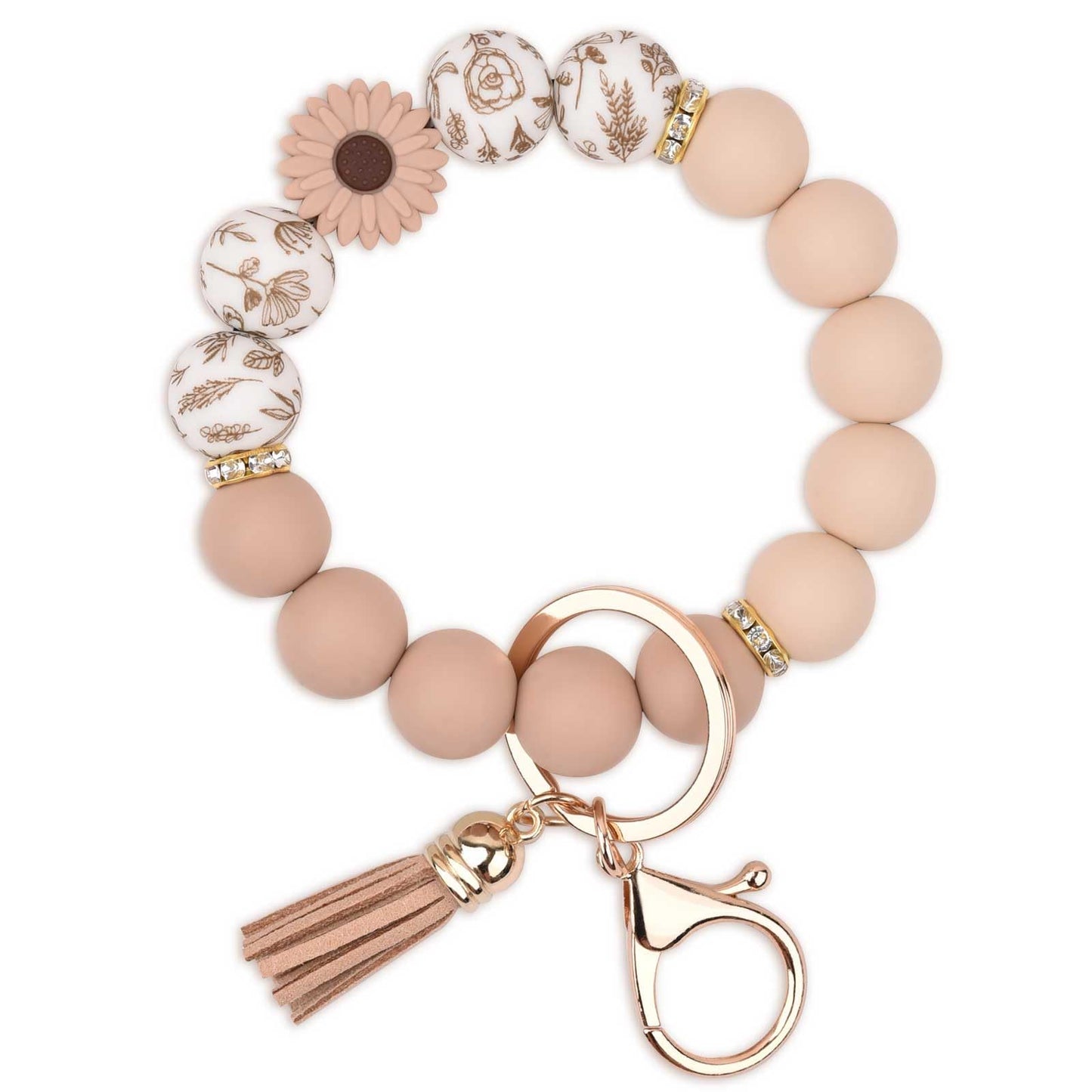BAOSIWA Silicone Beaded Keychain Wristlet Key Ring Bracelet Cute Daisy Khaki Car Key Chain Holder for Women Girls