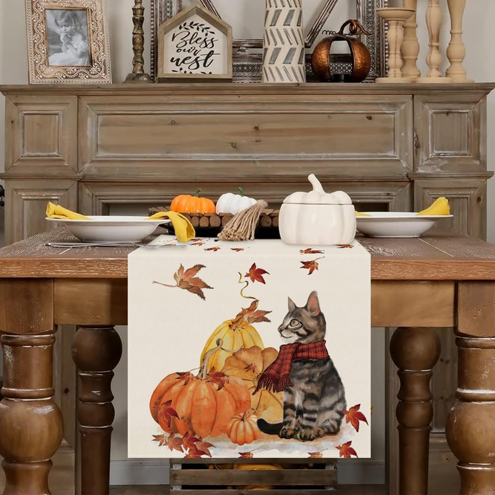 Fall Table Runner Pumpkins Cat Maple Leaf Autumn Harvest Seasonal Thanksgiving Decorations for Home Kitchen Dining Room Party Decor 13 x 36 Inch