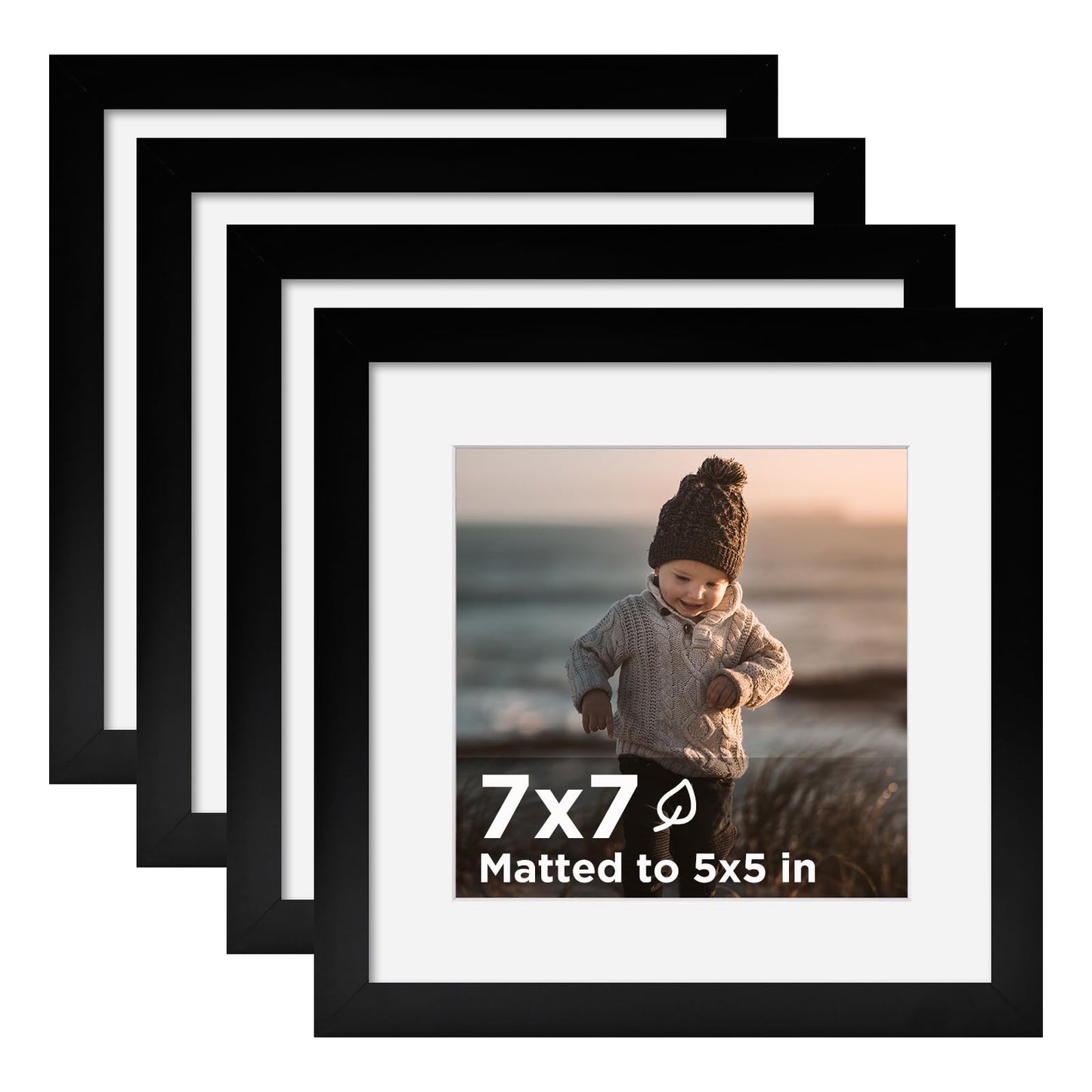KINLINK 7x7 Picture Frame Black Set of 4, Wooden Square Photo Frames Matted 5x5 with Plexiglass for 5x5 with Mat or 7x7 without Mat for Table and Wall Display