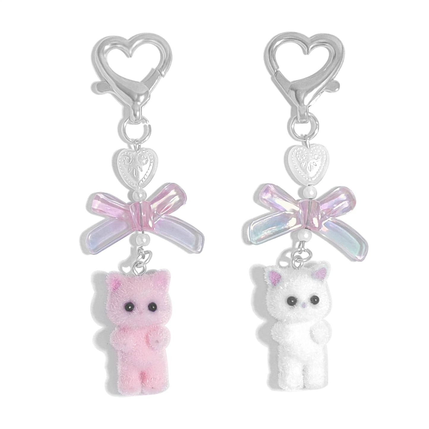 Nalefow Cute Pink Keychain, Fuzzy Cat Keychain Aesthetic Y2K KeychainCharms Stylish KeychainsAccessories for Bag Charms Purse Gifts (2PCS Pink White Cat Sets)