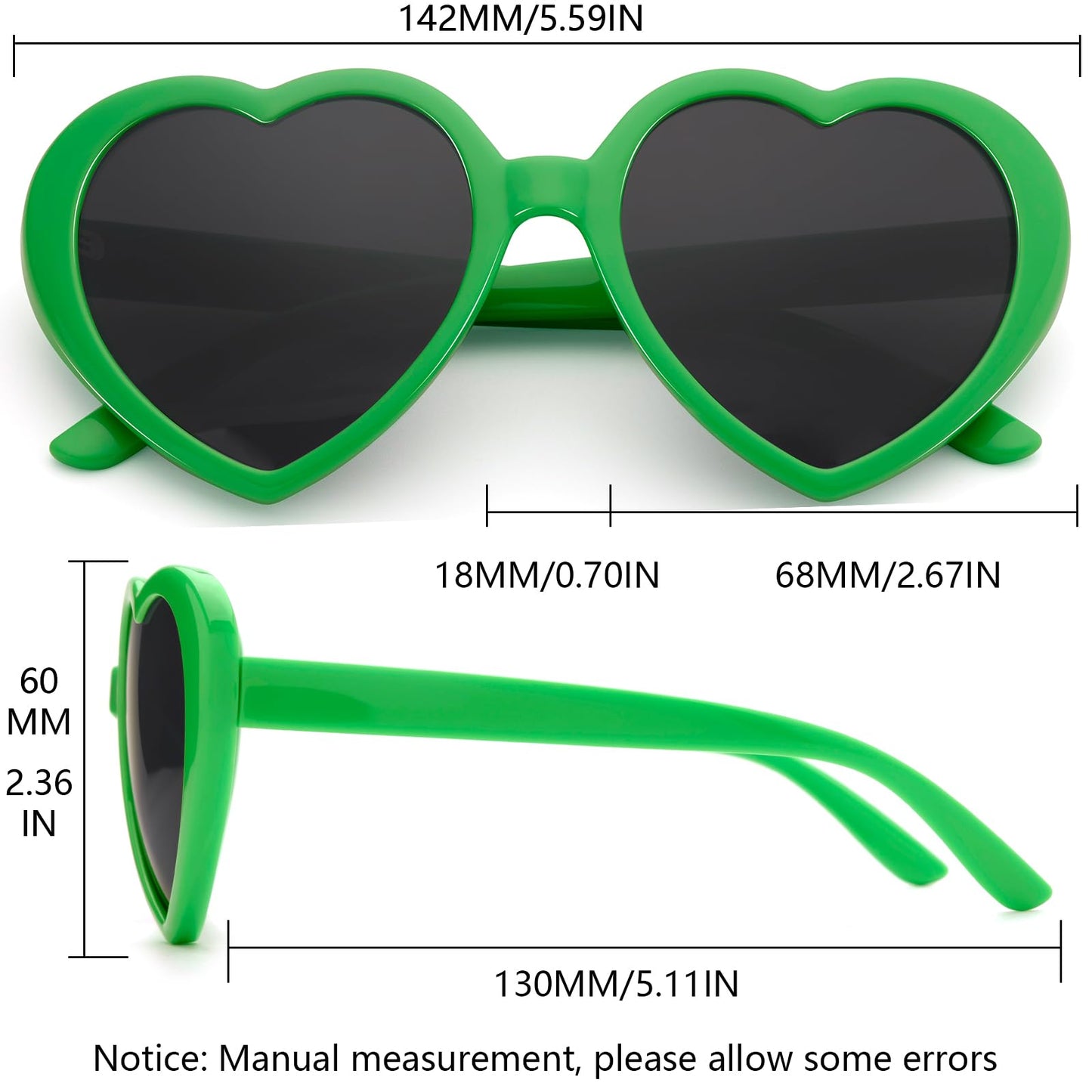 St. Patrick's Day Heart Sunglasses Irish Lucky Green Glasses for Women Men Non Polarized Oversized Trendy Love Shaped Shades Retro Lovely Fashion Cute Sun Glasses Leprechaun Costume Party Decorations