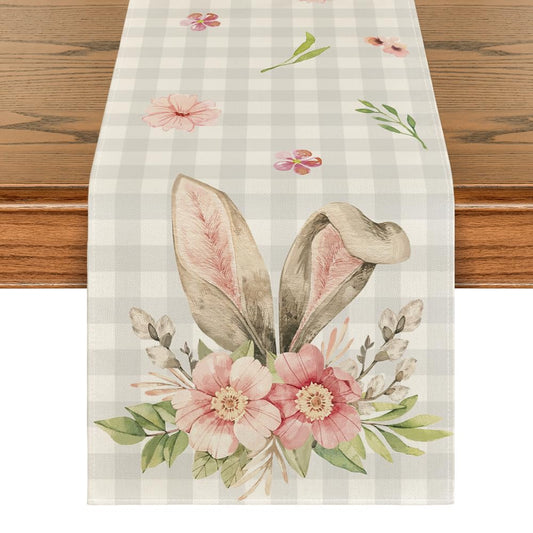 Artoid Mode Buffalo Plaid Bunny Rabbit Ears Flower Easter Table Runner, Spring Summer Seasonal Holiday Kitchen Dining Table Decoration for Indoor Outdoor Home Party Decor 13 x 60 Inch