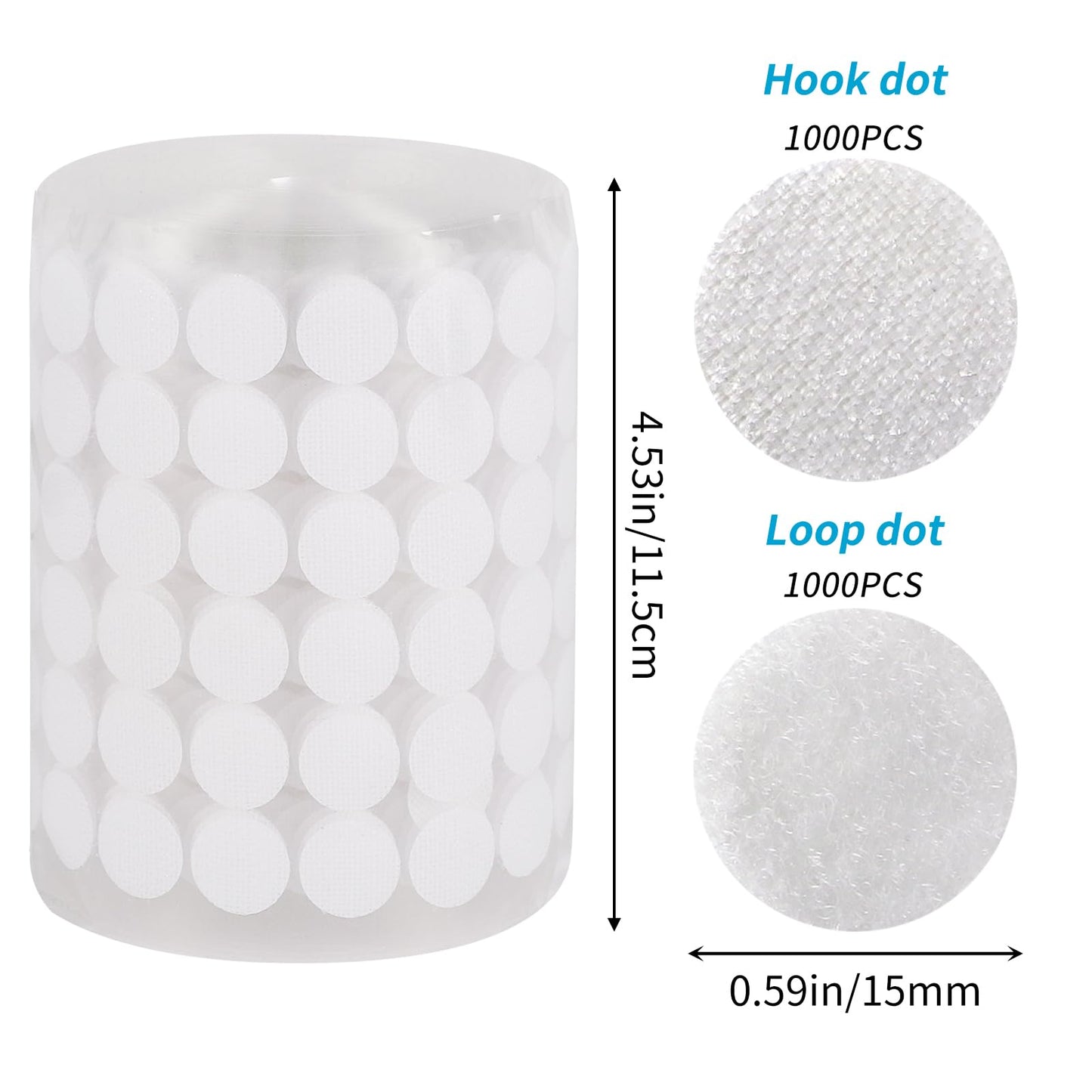 WXBOOM 2000pcs (1000 Pairs) 0.59" Self Adhesive Dots, White Hook & Loop Dots Waterproof Sticky Back Nylon for School Classroom Office Home 15mm/0.59" Diameter