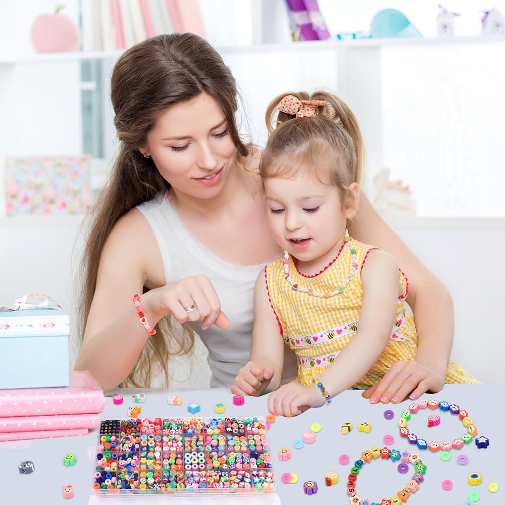 DULEFUN 1060pcs Polymer Clay Beads Charms Kits 28 Styles Cute Fun Clay Beads Charms Flower Butterfly Heart Letter Pony Beads Charms for Women Girls Bracelet Necklace Earring Making