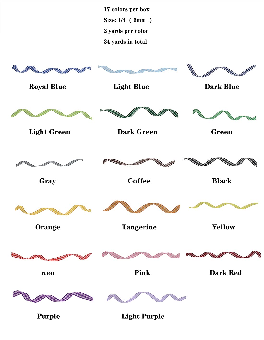 DXEUD 34 Yards 17 Colors Gingham Ribbon Checkered Ribbon Gingham Woven Edge Ribbon for Gift Package Wrapping, Sewing, Hair Bow... (1/4 Inch)