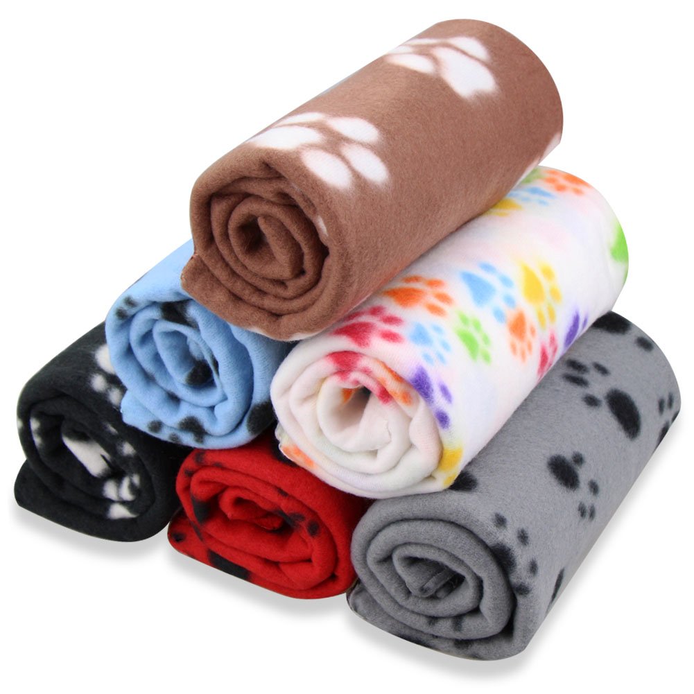 Cute Dog Cat Fleece Blankets with Paw Prints for Kitten Puppy and Small Animals Pack of 6 (Black, Brown, Blue, Grey, red and White)