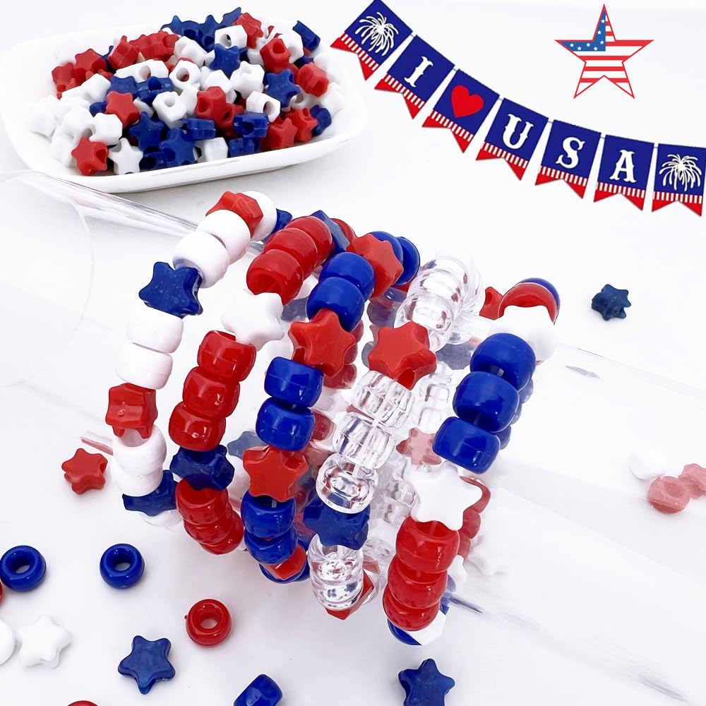 MIIIM 1000PCS 6x9mm Patriotic Pony Beads Bulk, 7 Styles Red White and Blue Kandi Beads for Bracelets Making Kit, Hair Braids Crafts for Jewelry Making (4th of July)