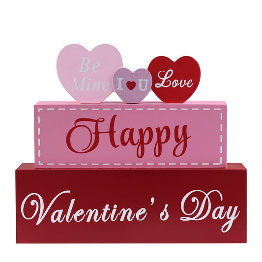 Valentines Day Decor, 3-Layered Pink Red Heart Wood Block Set Valentines Day Decoration, Happy Valentine's Day Sign Valentines Day Decorations for The Home, Living Room, Mantle, Dining Table