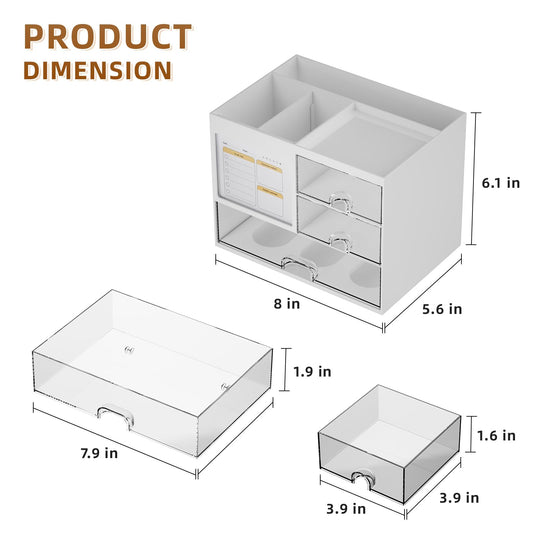 Desk Organizer with 3 Drawer, Multi-Functional Pencil Pen Holder for Desk, Desk Organizers and Accessories with 4 Compartments, Desktop Organizer Storage for Office Home Art Supplies (White)