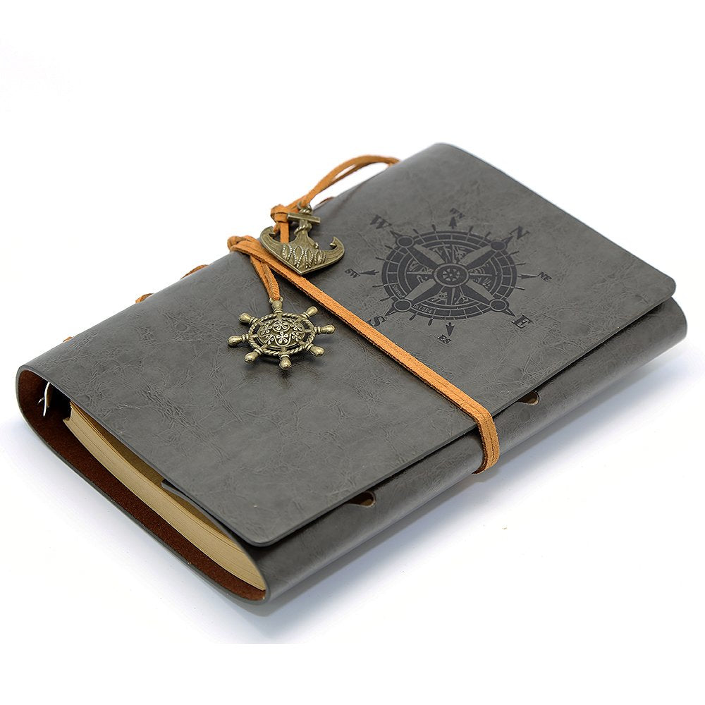 EvZ Leather Writing Journal Notebook, 7 Inches Vintage Nautical Spiral Blank String Diary Notepad Sketchbook Travel to Write in, Unlined Paper, Retro Pendants, Classic Embossed, Grey