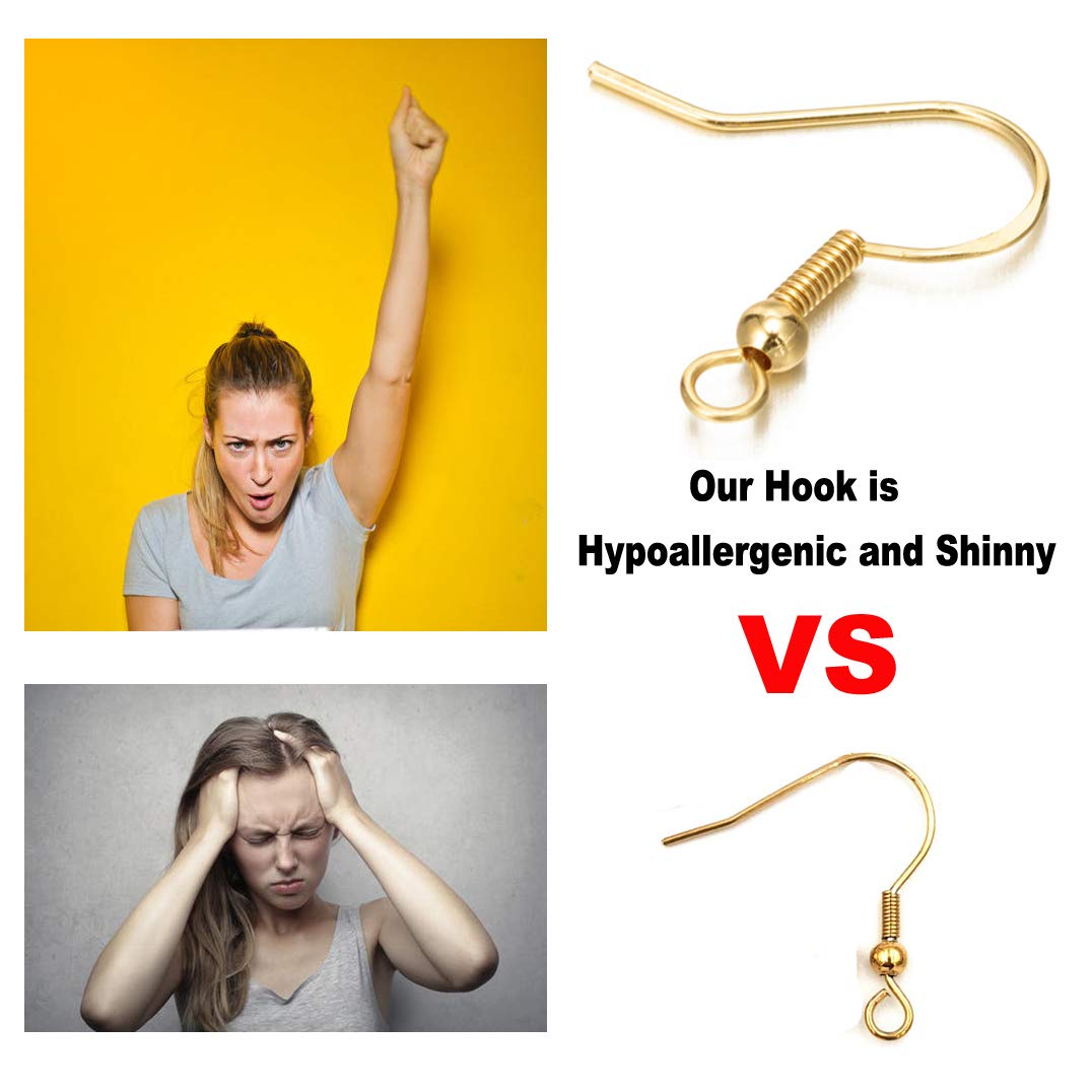 Gold Fishhook Earring Hooks - 120 PCS/60 Pairs 18K Gold Hypoallergenic Ear Wires Fish Hooks for Jewelry Making, Jewelry Findings Parts with 120 PCS Rubber Earring Backs Stopper for DIY Earrings