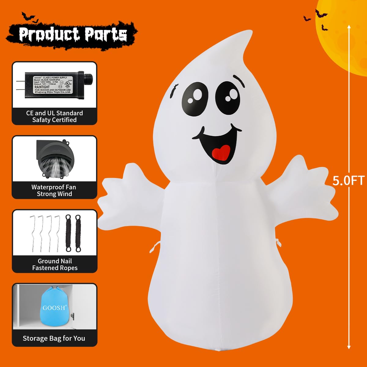 GOOSH 5 FT Halloween Inflatable Ghost Outdoor Decoration with Magic Light, Blow Up Yard Decoration with Built-in LEDs for Garden Lawn Indoor Party Holiday Decor