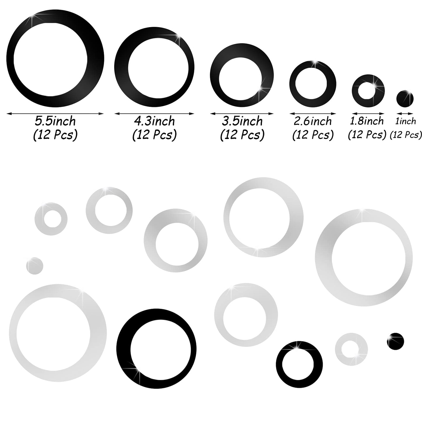 Outus 72 Pieces Wall Stickers Acrylic Circle Mirror Removable Round Dots Mirror Wall Decoration Wall Decals Murals for Home Living Room Bedroom Decor(Silver, Black)