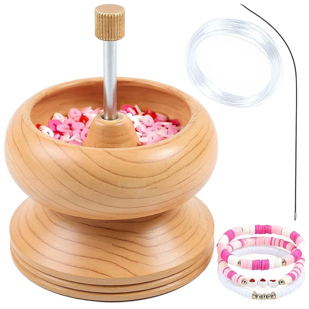 Seed Bead Spinner for Jewelry Making Kit - Clay Bead Spinner with Big Eye Beading Needle & 3 Meter Wire - Necklace Bracelet Maker Wooden - Birthday Anniversary Decorations Christmas Gifts - Pinewood