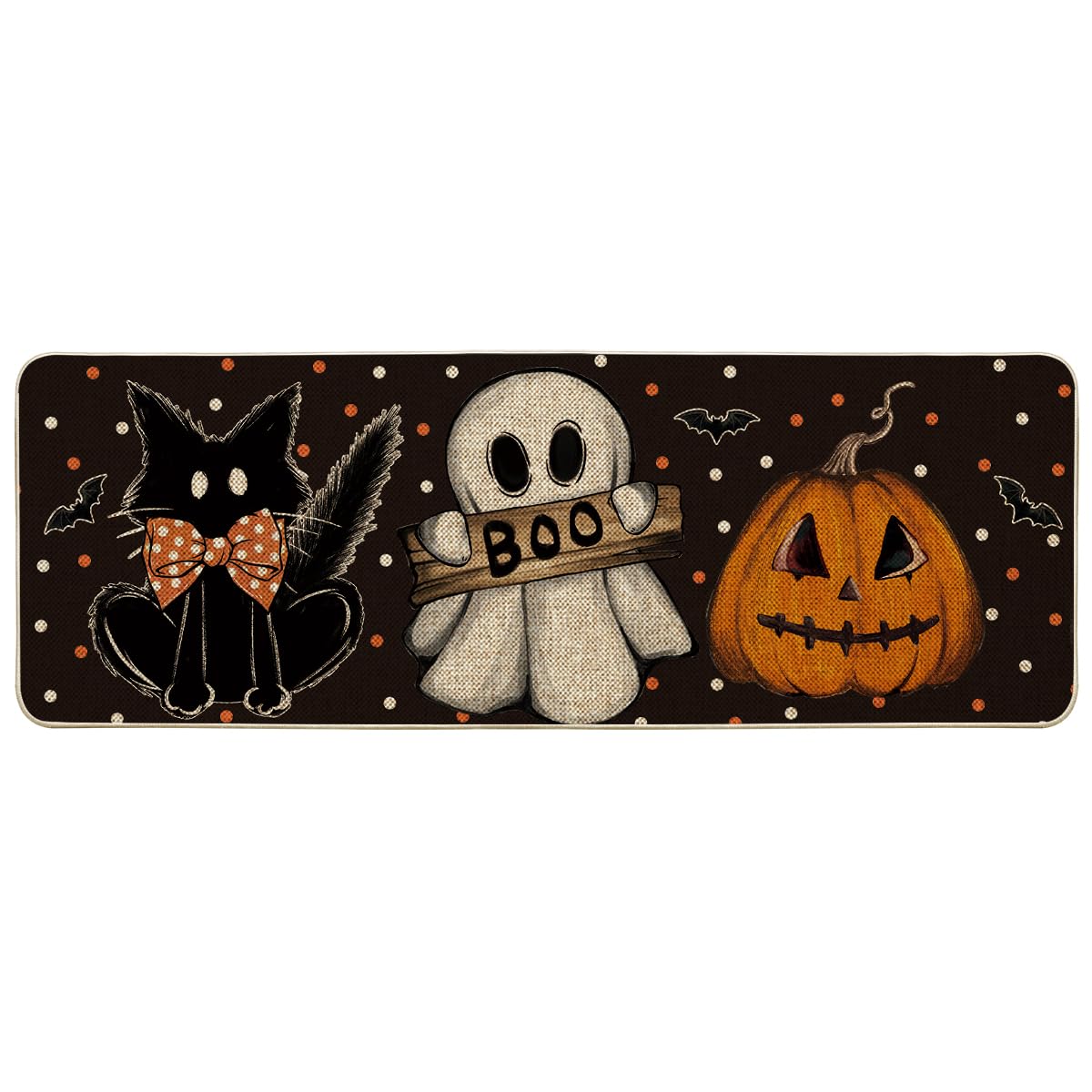 Artoid Mode Black Cat Jack-O'-Lantern Ghost Pumpkins Halloween Doormat, Seasonal Low-Profile Floor Switch Mat for Indoor Outdoor 17x47 Inch