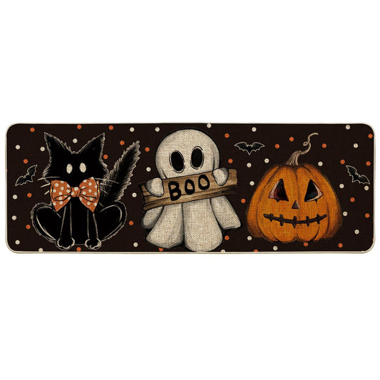 Artoid Mode Black Cat Jack-O'-Lantern Ghost Pumpkins Halloween Doormat, Seasonal Low-Profile Floor Switch Mat for Indoor Outdoor 17x47 Inch