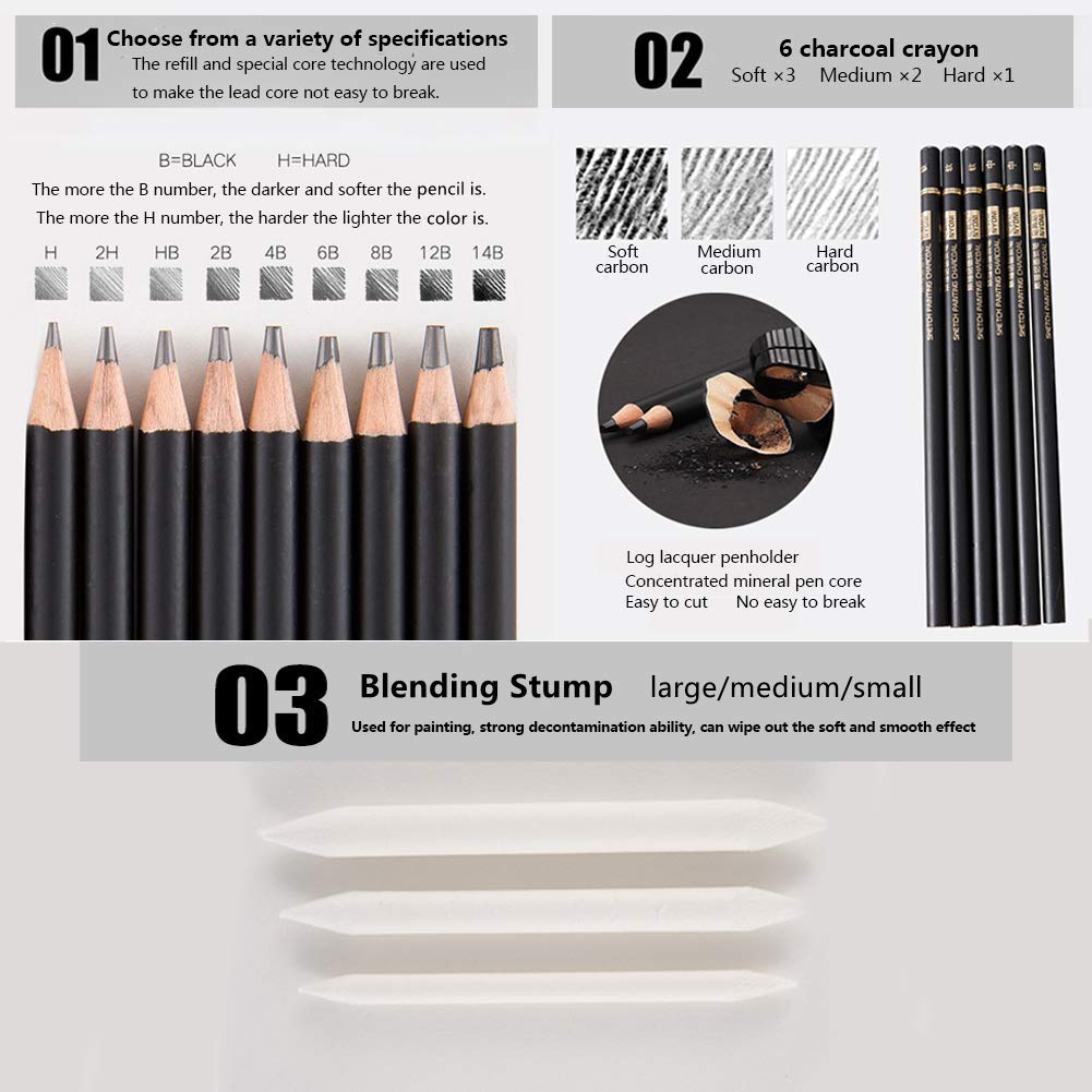 NYONI Sketching Pencils Set, Metal Box Packaging, Including Graphite Pencils、Charcoal Pencils、Blending Stumps and other tools for drawing (A set with 29pieces).