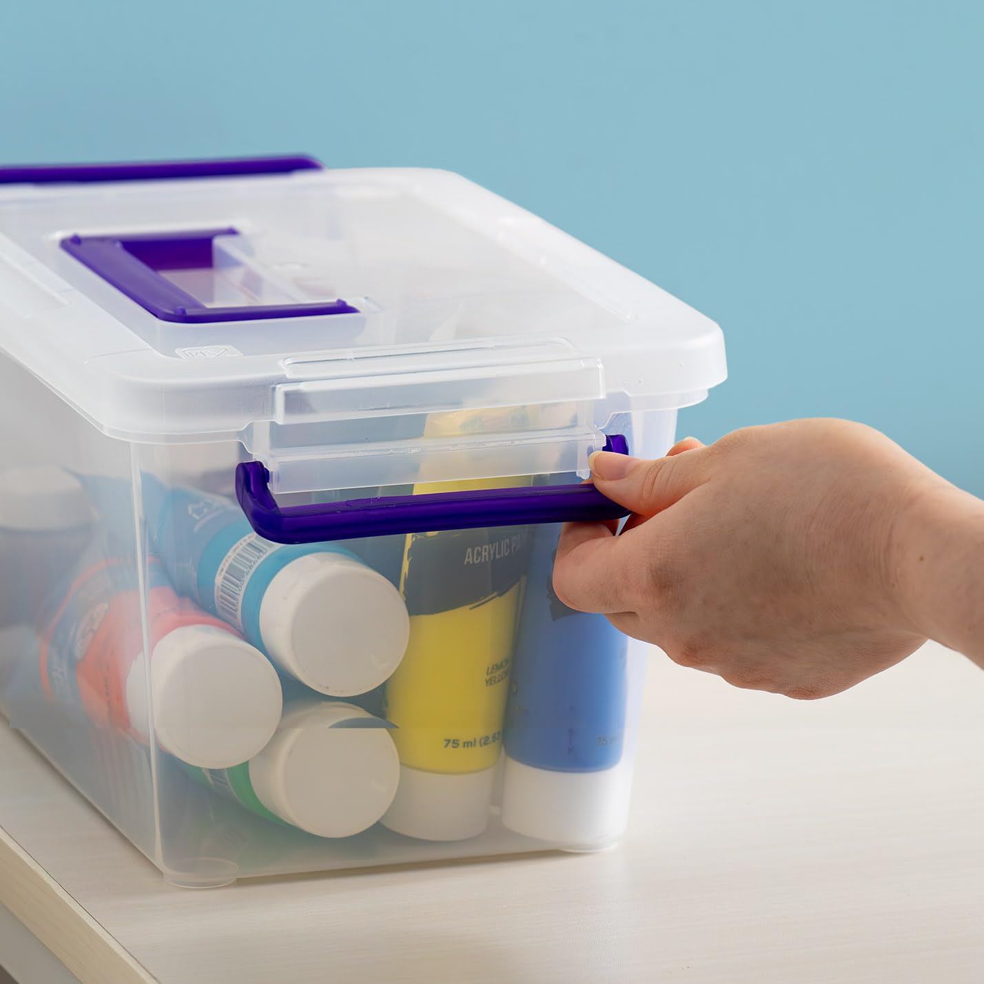 IRIS USA 5 Qt. Plastic Craft Storage Container Bins with Lids, 6 Pack, Small Art & Office Supply Organizer Tote, Sensory Bins & Boxes for Home & University, Stackable, Carry Handle, Clear