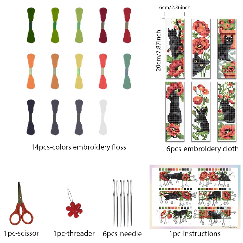 6Pcs Cross Stitch Bookmark Kits Cat Stamped Embroidery Bookmarks Beginner Embroidery Kit with Instructions Counted Cross Stitch Kit for Hand Embroidery Adults