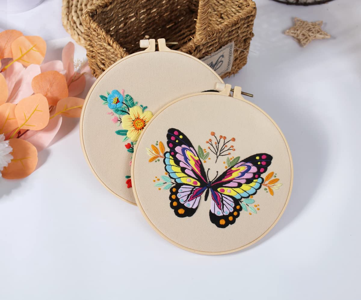 Konrisa Embroidery Kits with Butterfly Flower Pattern, Stamped Embroidery Starter Kit for Beginners Adults Needlepoint Kits Include Embroidery Fabric Embroidery Hoop Threads and Needles,Set of 2