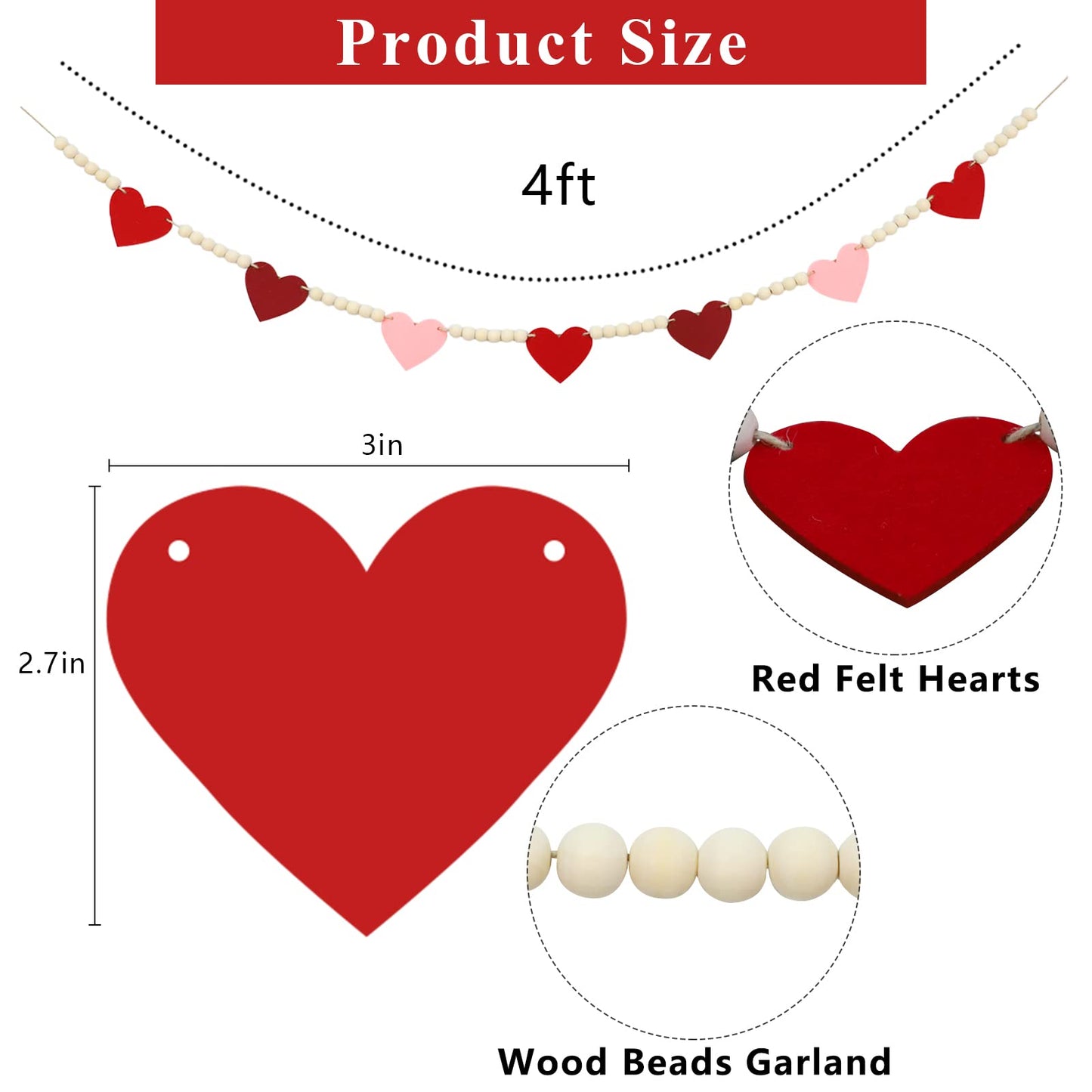 DAZONGE Valentines Day Decorations, Wood Bead Garland with Felt Hearts for Valentine Decor, Red and Pink Farmhouse Valentine’s Day Banner for Wedding, Anniversary Decorations