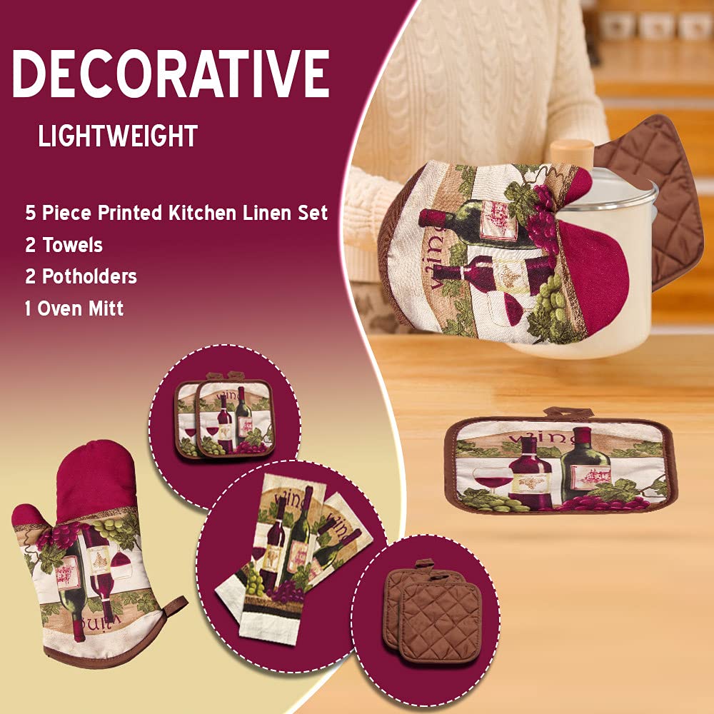 Lobyn Value Packs - Wine Lover’s Kitchen Set: 5 Pieces with Grape & Wine Bottle Motif, includes 2 Artistic Dish Towels, Oven Mitt, and 2 Quilted Potholders