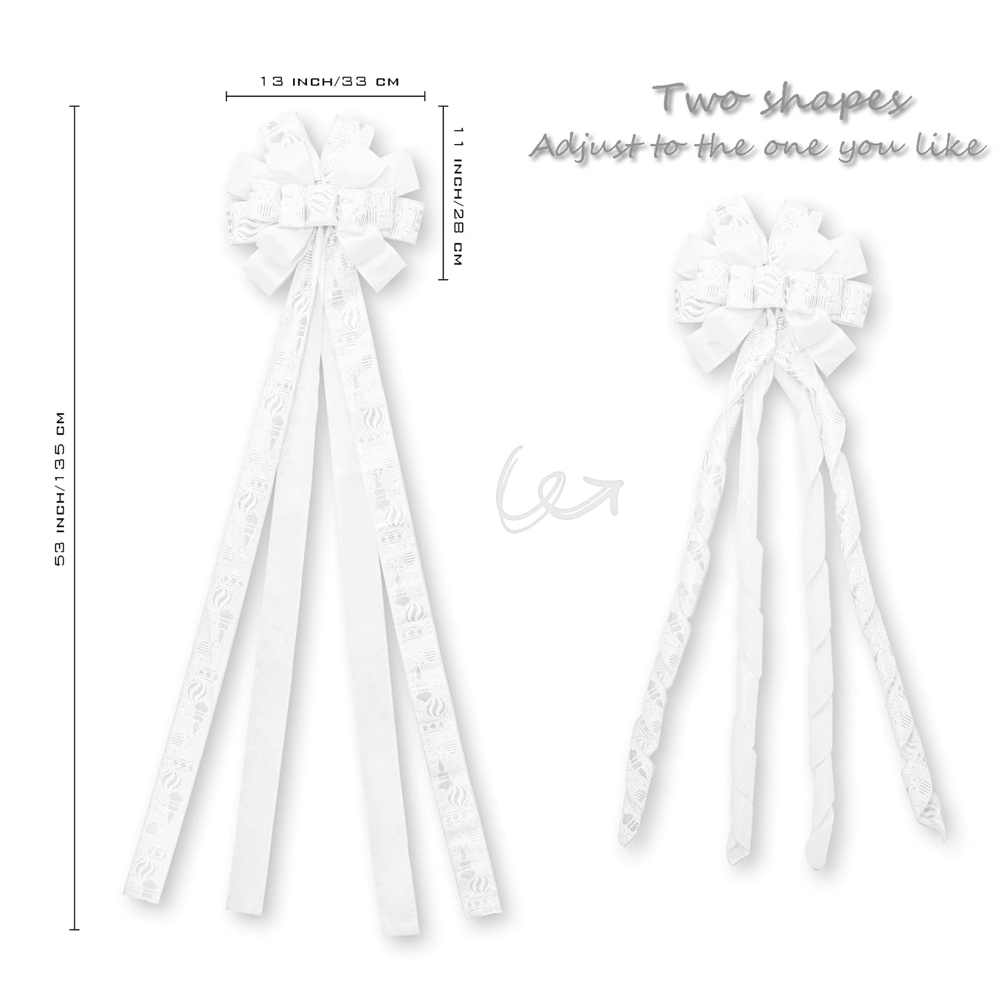 Hismir Christmas Tree Topper Bow，53x13 Inches Large Christmas Bow with Glitter Streamer and Patterned Ribbon，Decorative Bows for Xmas Tree Wreath Door Festival Home Decor(White)