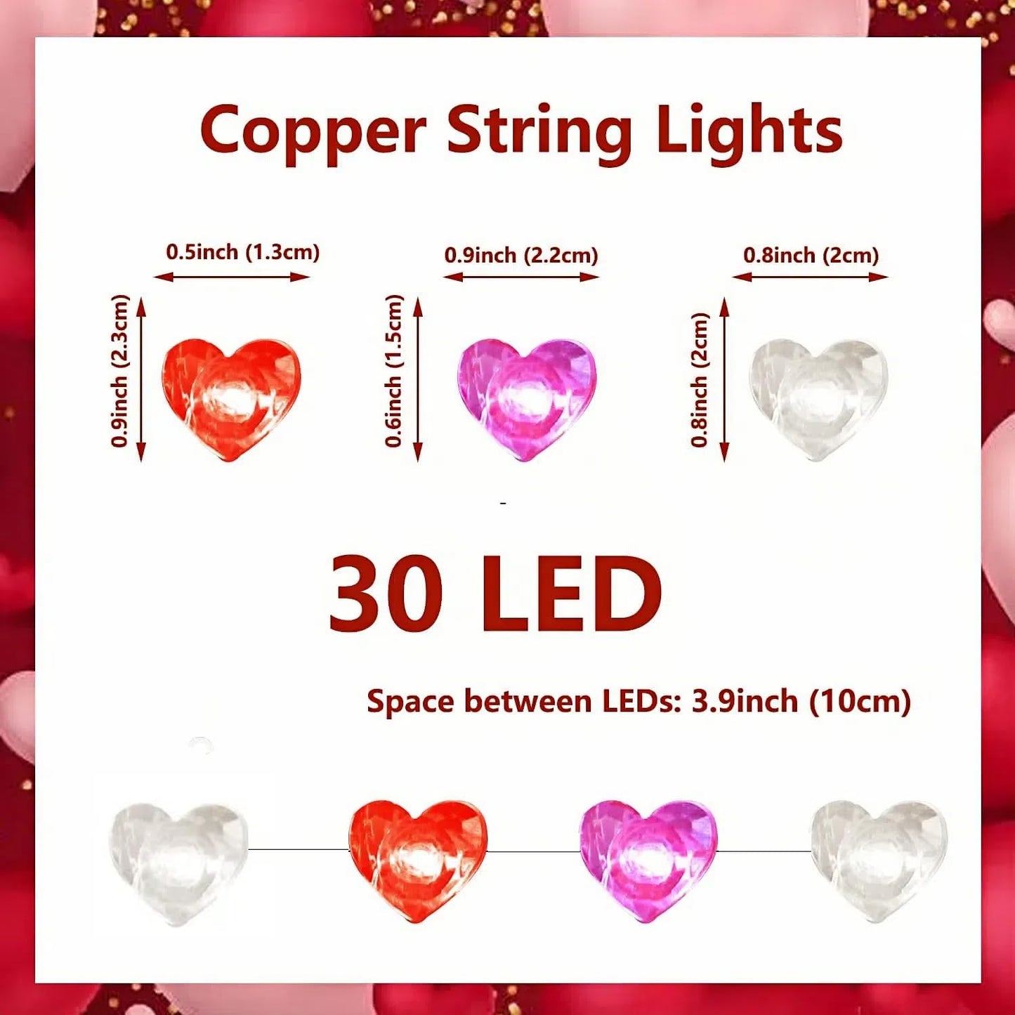 Valentine's Day Decorations Heart String Lights 10FT 30 LED Battery Powered, Heart Fairy Lights Romantic Decor for Home Bedroom Gift Party Christmas