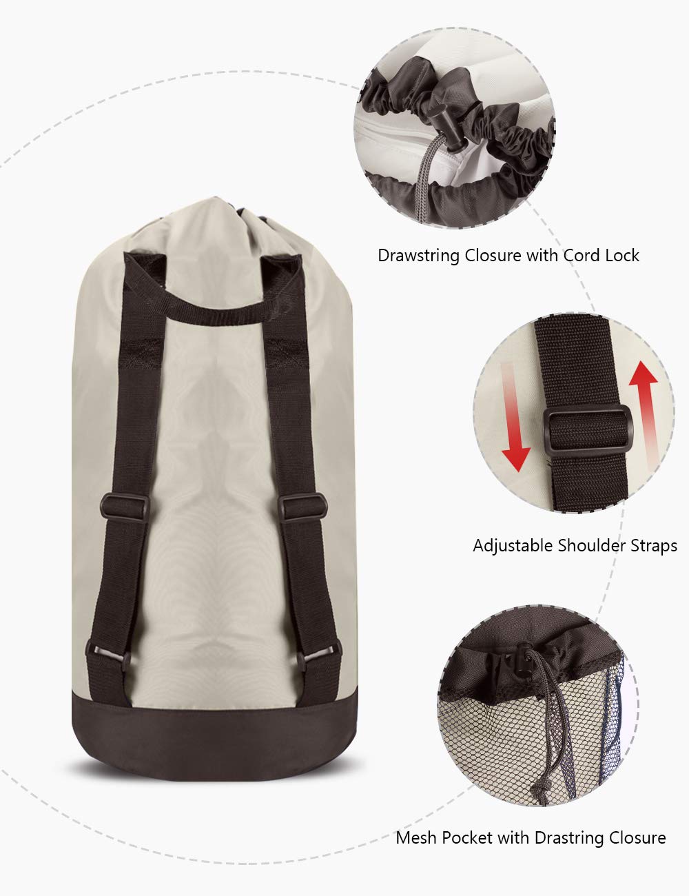 Backpack Laundry Bag, 115L Large Hamper with Shoulder Straps, Drawstring Closure, Mesh Pocket, Khaki