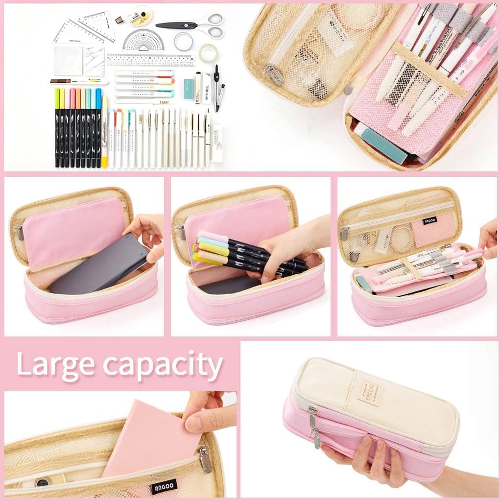 EASTHILL Big Capacity Pencil Pen Case Office College School Large Storage High Capacity Bag Pouch Holder Box Organizer Blue (Pink)