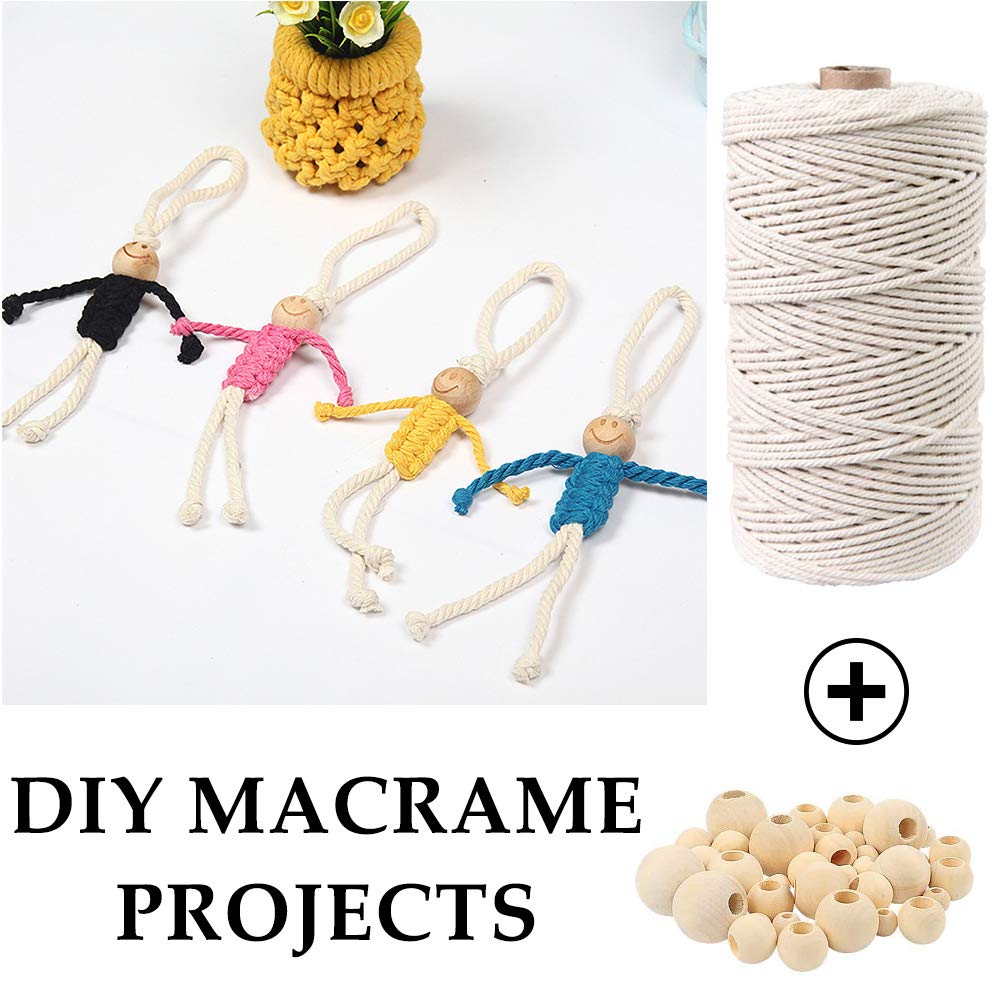 120pcs Macrame Kits for Beginners 3mm x 109yards Natural Cotton Macrame Cord with Wooden Beads & Rings,Wooden Sticks,Metal Rings Macrame Supplies Best for Macrame Plant Hanger