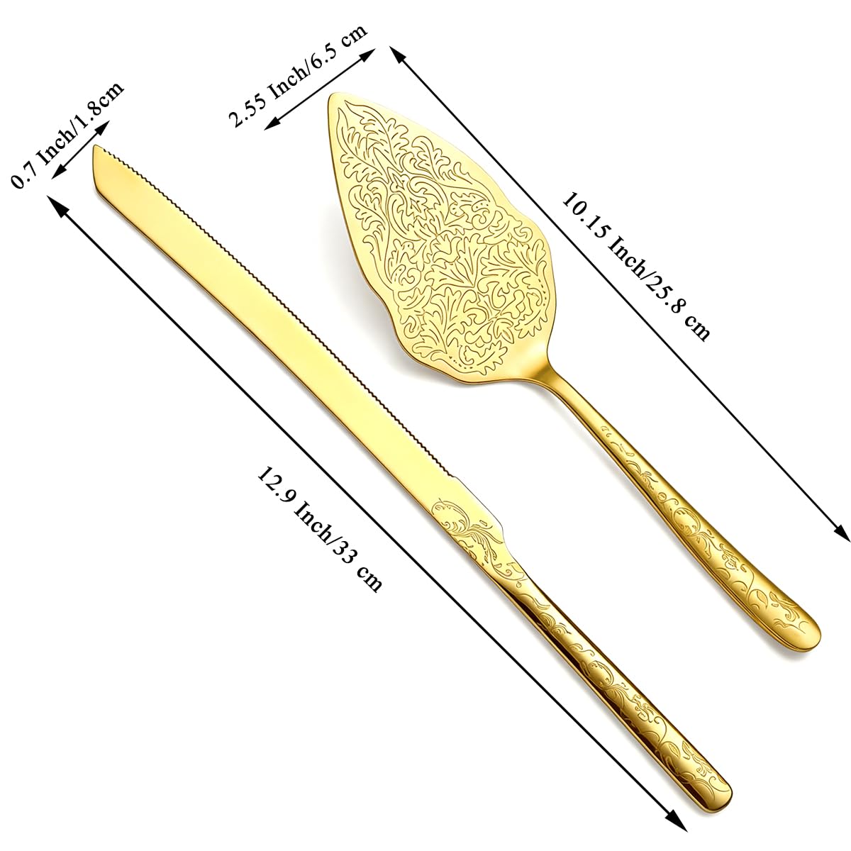 Berglander Gold Wedding Cake Knife and Server Set, Titanium Gold Plating With Unique Pattern Design Cake Cutter Serving Set Perfect For Wedding, Birthday, Parties and Events Dishwasher Safe