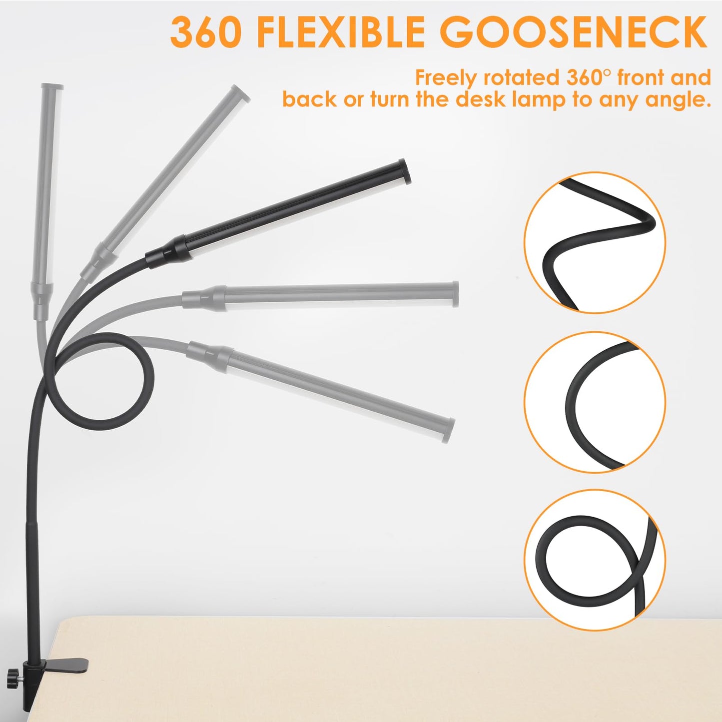 ShineTech LED Desk lamp with Clamp, Eye-Caring Clip Lights for Home Office, 3 Colors Full Brightness, Flexible Gooseneck USB Adapter Table Lamp, Black