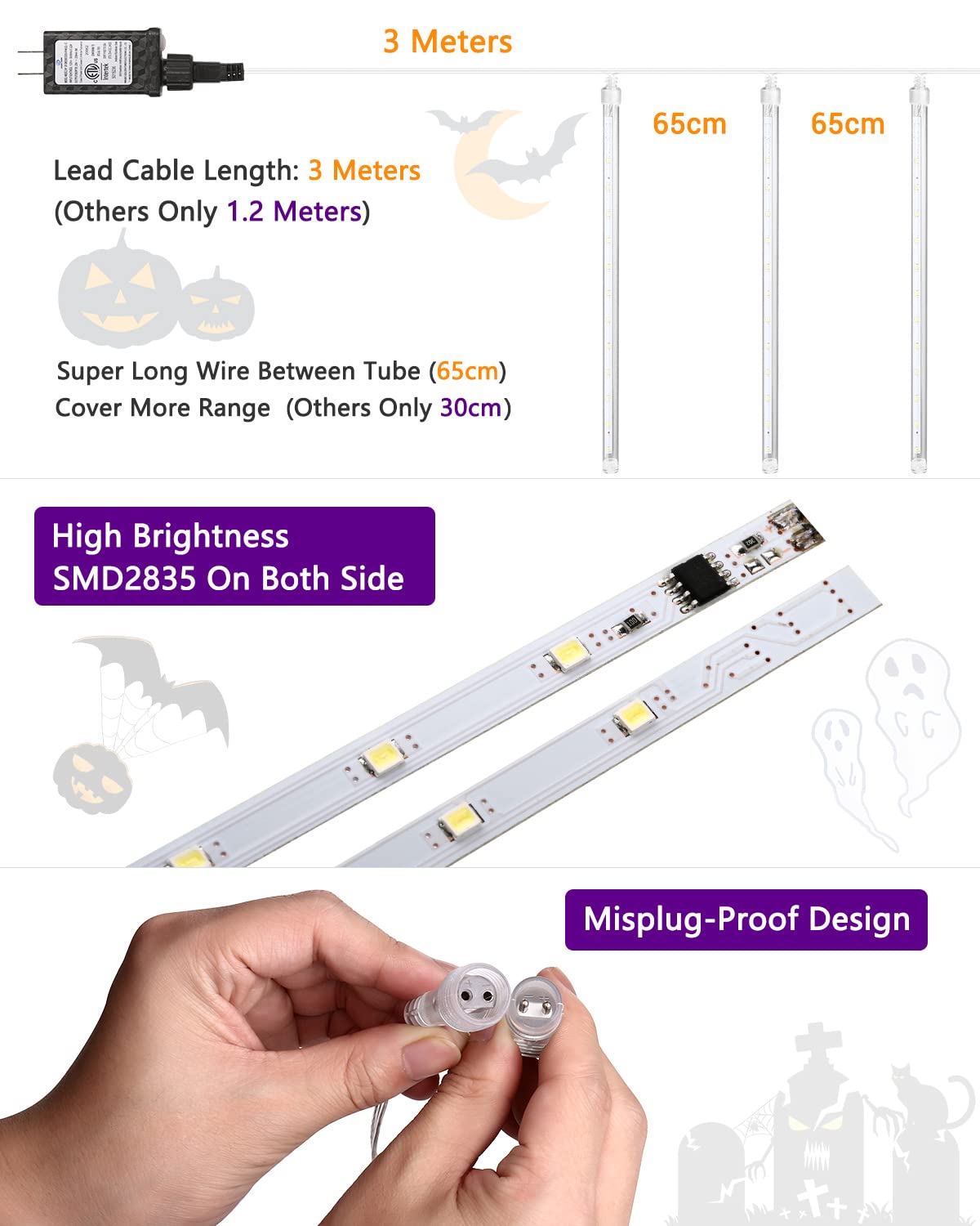 Halloween Lights Outdoor 10 Tubes 240 LED Raindrop Lights Meteor Shower Icicle Lights with Timer Function Cascading Lights Falling Rain Lights for Halloween Orange Purple