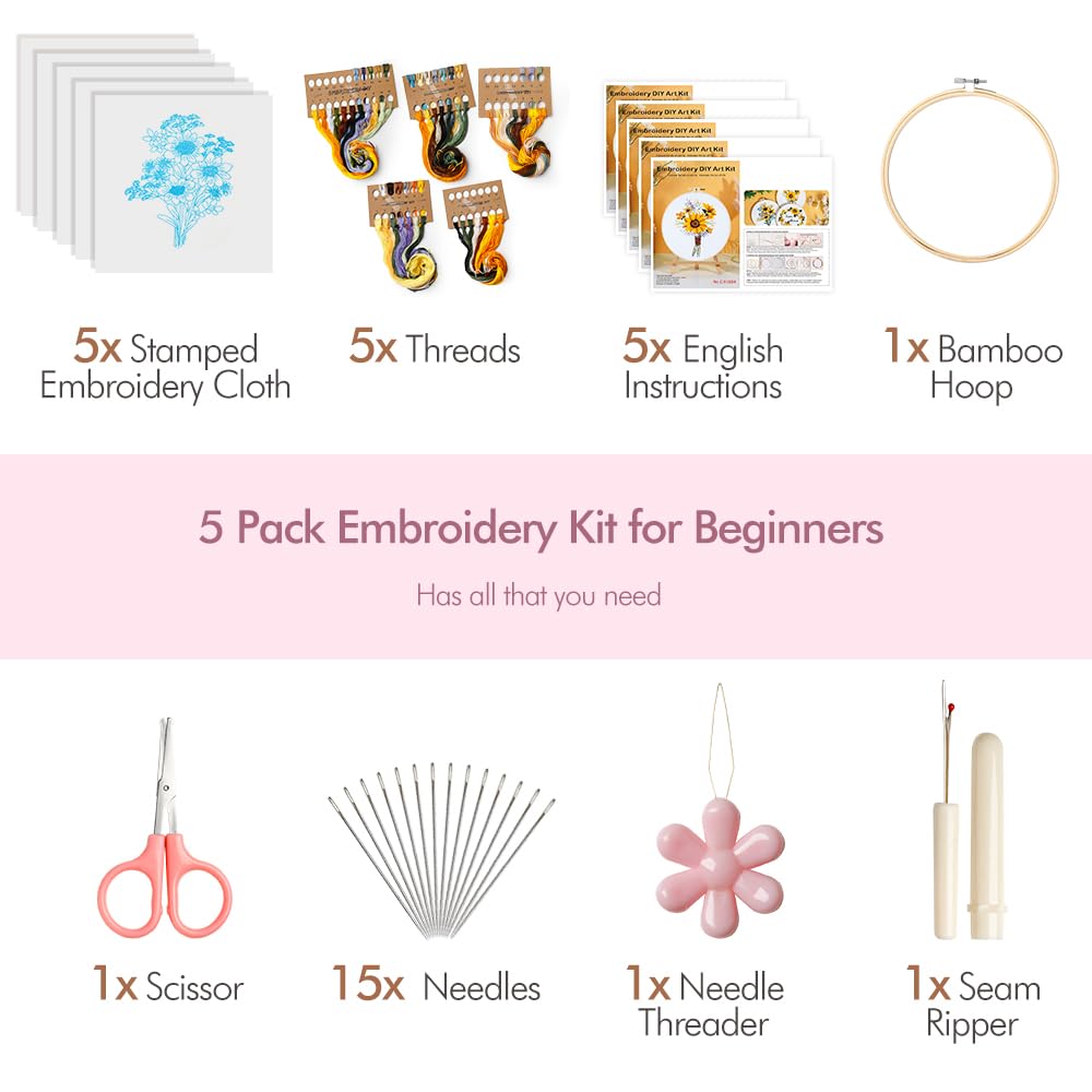 5 Pack embroidery kit for beginners Adults DIY Starter Kit,Sunflower Gifts for Women Cross Stitch Kits with Flower Stamped Patterns, Embroidery Hoop, Tools,Colorful Threads,Hand Craft Lover Gift