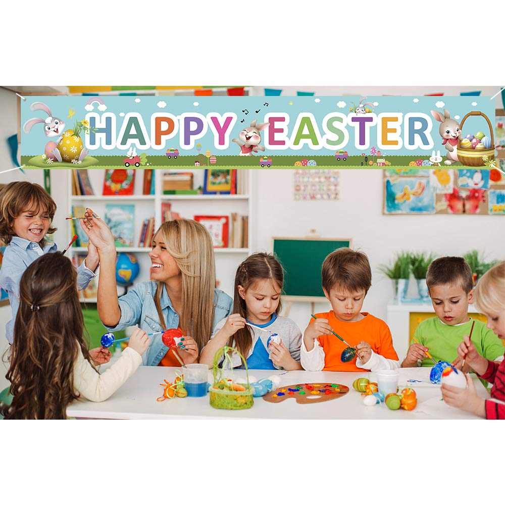 Happy Easter Banners, Welcome Spring Easter Themed Party Banner, Lawn Sign Backdrop Banner for Indoor Outdoor Easter Party Supplies(9.8 x 1.5ft)