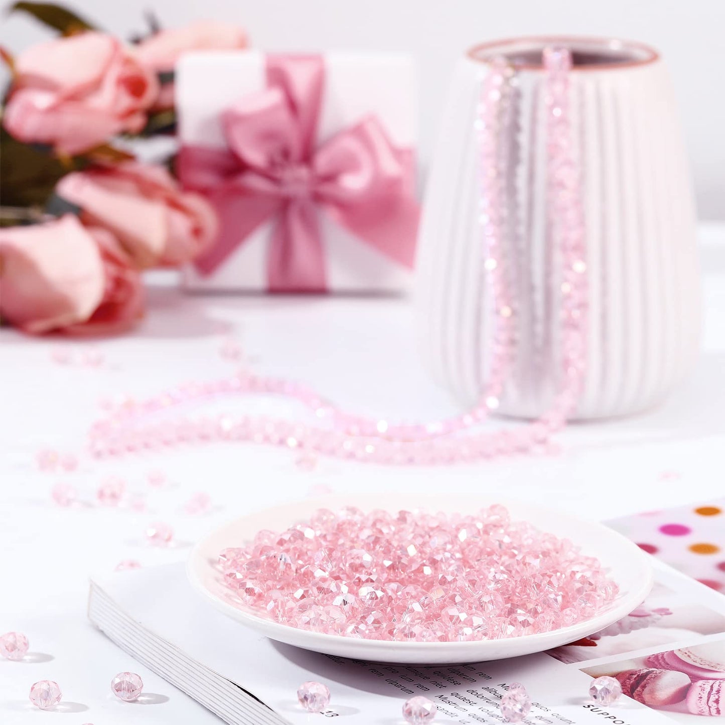 600 Pcs Crystal Glass Beads for Jewelry Making Bulk Faceted Gemstone Rondelle Loose Beads for Bracelet DIY Crafts 8 mm, 6 mm, 4 mm(Pink AB Color)